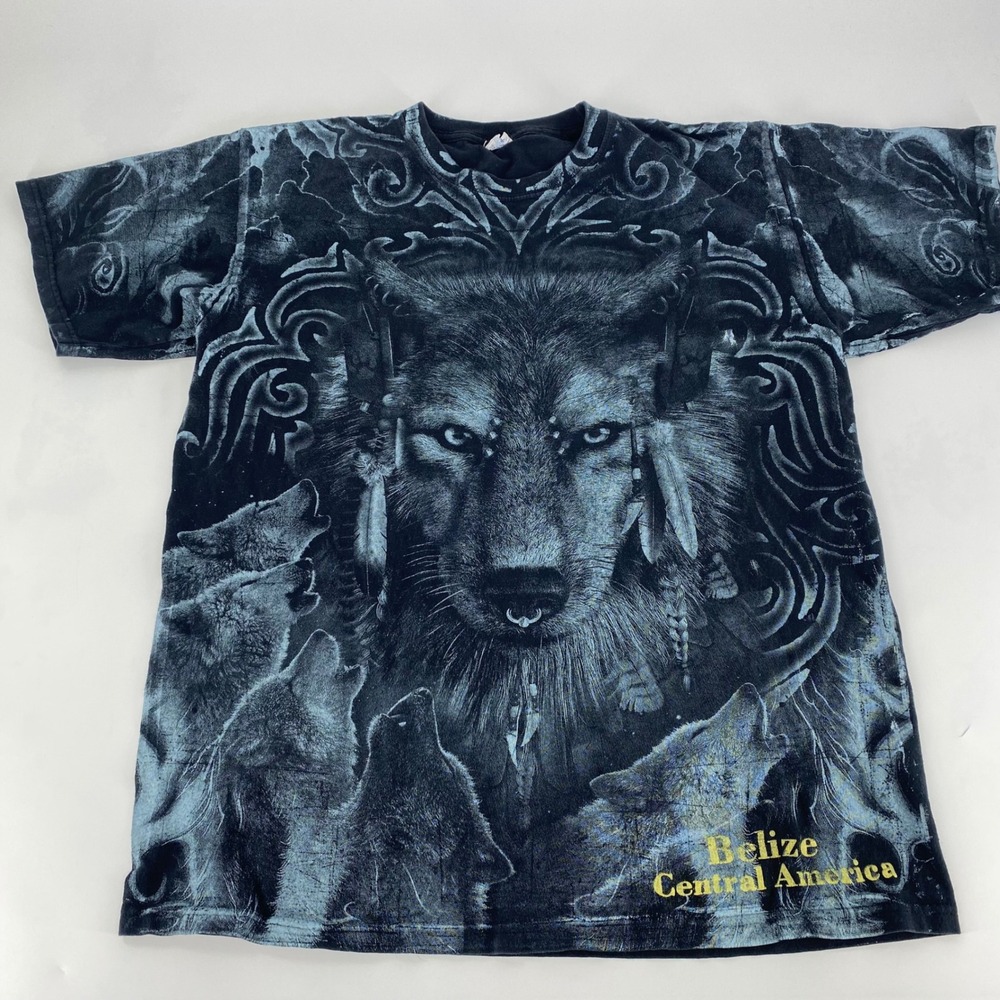 Yazbek‎ Belize Central America Wolf All Over Print Graphic T-Shirt Mens Blue